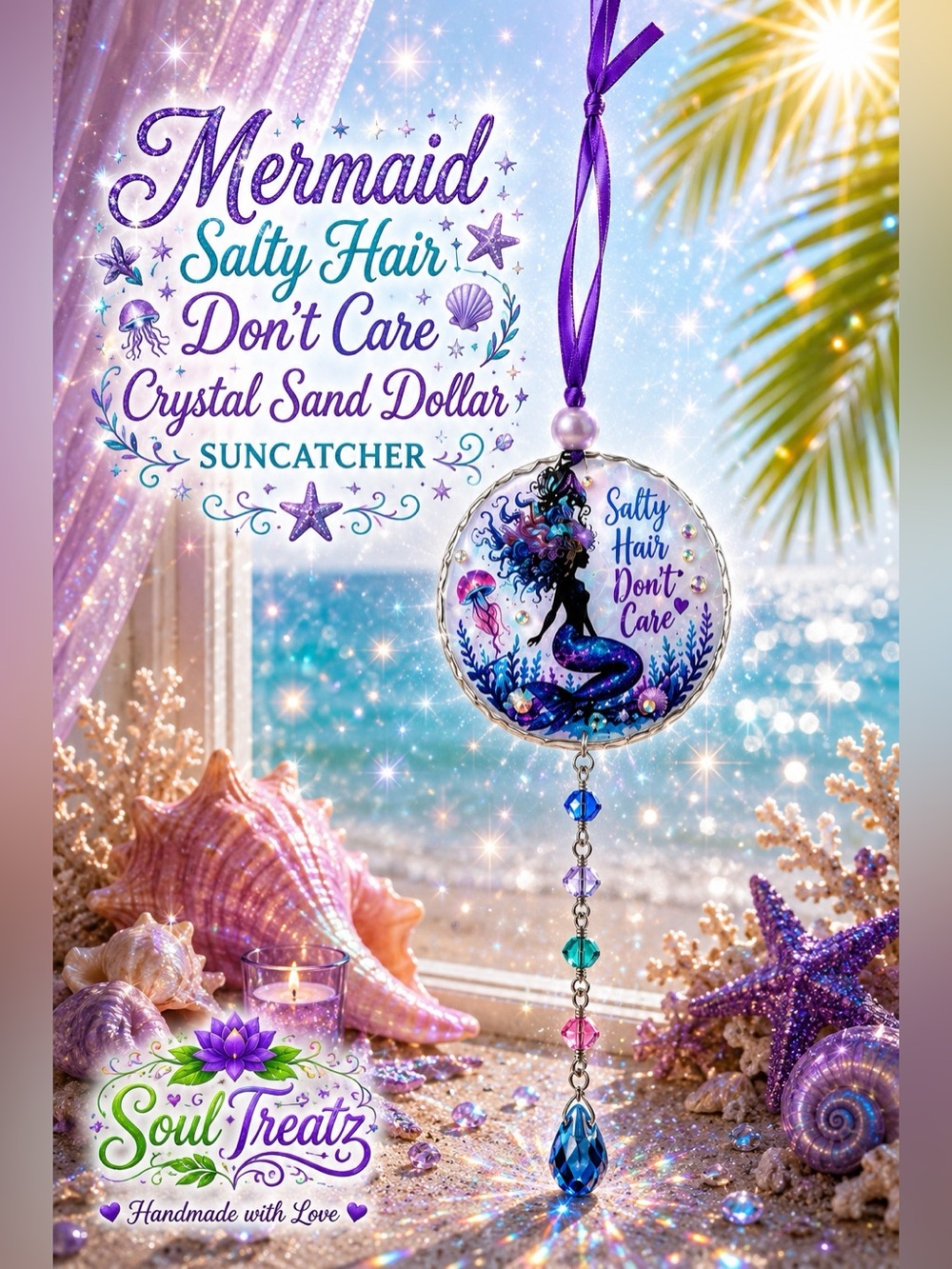 Decoupage Mermaid 'Salty Hair Don't Care' Purple Crystal Sand Dollar Suncatcher